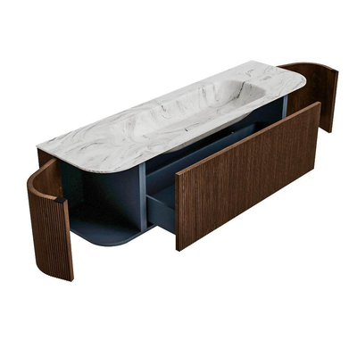 MONDIAZ KURVE-DLUX Meuble de salle de bains 160 cm avec module 25 Len R couleur Walnut avec 1 tiroir et 2 portes. Lavabo BIG MEDIUM central 1 trou de robinet couleur Glace.