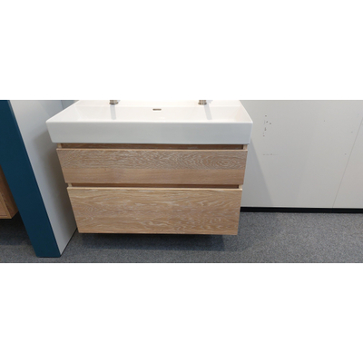 Saniclass Legend Meubelwastafel - 101x47x13cm 2 kraangatenglans wit MET Delight wastafelonderkast 2 softclose lades massief eiken eiken wit SHOWROOMMODEL