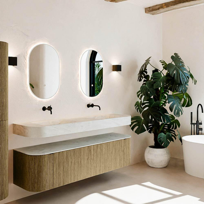 MONDIAZ THOR-DLUX 170cm meuble de salle de bains arrondi gauche + droite couleur Dusk avec 1 tiroir et 2 portes. Vasque suspendue CLOUD Double sans trou de robinet couleur Opalo.