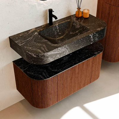 MONDIAZ THOR-DLUX 100cm meuble de salle de bains arrondi gauche + droite couleur Ruby avec 1 tiroir et 2 portes. Vasque suspendue CLOUD Milieu 1 trou de robinet couleur Lava.