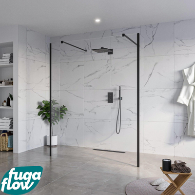 FugaFlow Eccelente Vetro Douche à l'italienne libre dans la salle de bain - 160x200cm - Clair - anti-calcaire - verre de sécurité 8mm - 2 parois latérales 40cm - avec bras muraux et profils d'angle - Noir mat -