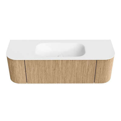 MONDIAZ KURVE 140cm Meuble salle de bain avec module 25 G et D - couleur Oak - 1 tiroir - 2 portes - vasque BIG SMALL centre - sans trous de robinet - Talc