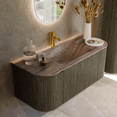 MONDIAZ KURVE-DLUX Meuble de salle de bains 110cm arrondi gauche + droite couleur Shadow avec 1 tiroir et 2 portes. Lavabo CLOUD central 1 trou de robinet Oza.