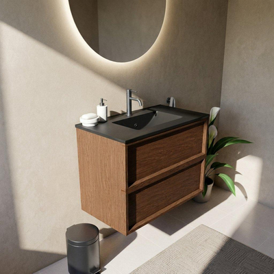 Saniclass Holz Frame Ensemble meuble de salle de bains - 80x45x62cm - lavabo Vygo en céramique noir - 1 vasque - 1 trou de robinetterie - 2 tiroirs - noyer pure mat (bois)