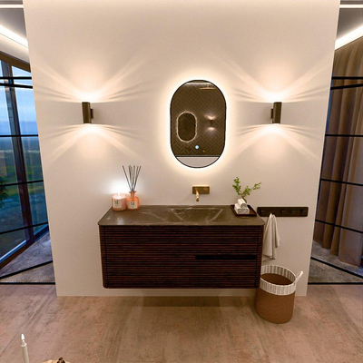 Mondiaz CIRO-DLUX Meuble de salle de bains - 120x45x50cm - Plan vasque solid surface Lava - 1 lavabo à droite - sans trous de robinetterie - 2 tiroirs - Noyer