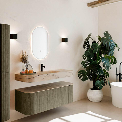 MONDIAZ THOR-DLUX 130cm meuble de salle de bains arrondi gauche + droite couleur Shadow avec 1 tiroir et 2 portes. Vasque suspendue CLOUD Milieu 1 trou de robinet couleur Arena.