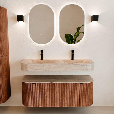 MONDIAZ THOR-DLUX 120cm meuble de salle de bains arrondi gauche + droite couleur Ruby avec 1 tiroir et 2 portes. Vasque suspendue CLOUD Double 2 trous de robinet couleur Saba.