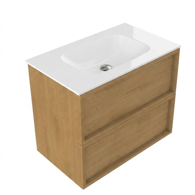 Saniclass Holz Frame Ensemble de meubles de salle de bains - 80x45x61.5cm - Flow lavabo en solid surface blanc - 1 vasque - sans trou de robinetterie - 2 tiroirs - chêne natural mat (bois)
