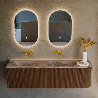 MONDIAZ KURVE-DLUX Meuble de salle de bains 155cm arrondi à droite couleur Walnut avec 2 tiroirs et 1 porte. Lavabo LEAF Double / gauche sans trou de robinet Oza.