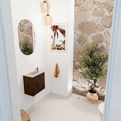 Mondiaz JOYA-DLUX 40cm toiletmeubel - kleur Walnut - Wastafel FAYE positie Links 1 kraangat kleur Opalo.