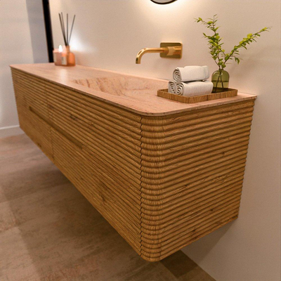 Mondiaz CIRO-DLUX Ensemble de meubles de salle de bains - 190x45x50cm - Plan-vasque Solid surface Saba - 1 lavabo à droite - sans trous de robinet - 4 tiroirs - Chêne