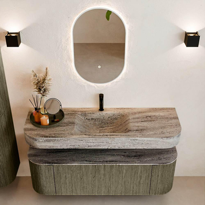 MONDIAZ THOR-DLUX 140cm meuble de salle de bains arrondi gauche + droite couleur Shadow avec 1 tiroir et 2 portes. Vasque suspendue CLOUD Milieu 1 trou de robinet couleur Oza.