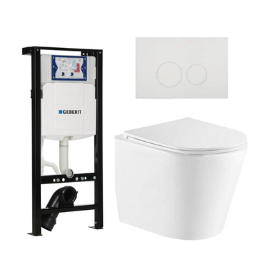 QeramiQ Dely Toiletset - 36.3x51.7cm - diepspoel - rimless - Geberit UP320 plieger inbouwreservoir - softclose toiletzitting - glans witte bedieningsplaat - ronde knoppen - glans wit