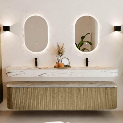 MONDIAZ THOR-DLUX 200cm meuble de salle de bains arrondi gauche + droite couleur Dusk avec 2 tiroirs et 2 portes. Vasque suspendue CLOUD Double 2 trous de robinet couleur Nata.