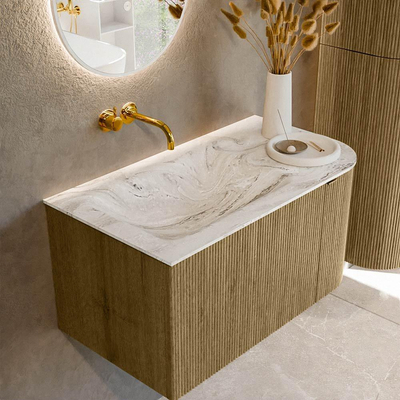 Ensemble de meuble Mondiaz KURVE-DLUX - 85x46x40cm - 1 tiroir - 1 porte - lavabo en solid surface - gauche - sans trou de robinet - Dusk