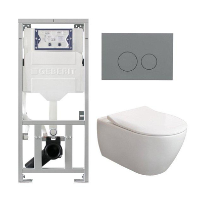 Villeroy & Boch Subway 2.0 DirectFlush CeramicPlus toiletset slimseat zitting met Geberit reservoir en bedieningsplaat licht grijs met ronde knoppen wit