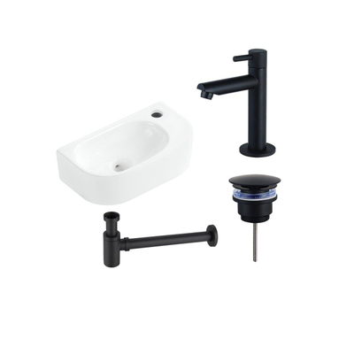 Fugaflow Efficiente Pietra Fonteinset - 40x21.5x12cm - rechts - glad - halfrond - 1 kraangat - keramiek - fonteinkraan wit mat - afvoerplug - verlaagd sifon - wit glans