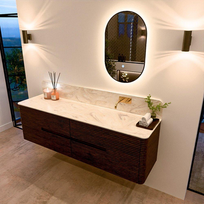 Mondiaz CIRO-DLUX Ensemble de meubles de salle de bains - 170x45x50cm - Plan-vasque Solid surface Ostra - 1 vasque à droite - sans trous de robinet - 4 tiroirs - Noyer