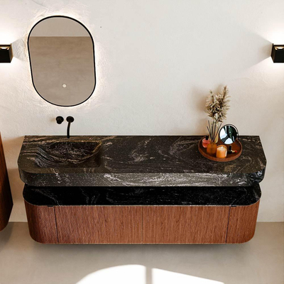 MONDIAZ THOR-DLUX 180cm badmeubel ronding links + rechts kleur Ruby met 2 lades en 2 deuren. Vrijhangende wastafel CLOUD Links zonder kraangat kleur Lava.