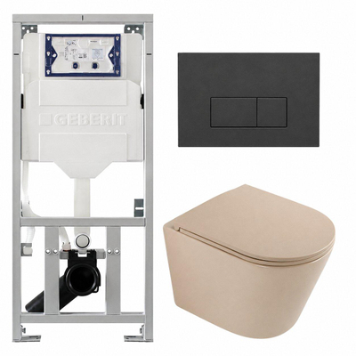 QeramiQ Dely Pack WC - 36,3x51,7cm - à fond creux - sans bride - réservoir encastré Geberit UP320 - abattant WC à fermeture douce - plaque de déclenchement anthracite mat - boutons rectangulaires - beige mat