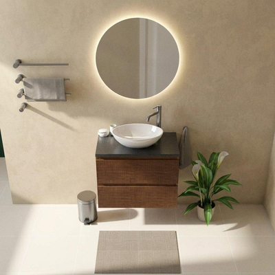 Saniclass Holz Atelier Ensemble de meuble de salle de bains - 80x45x63cm - Plan vasque en basalte Noche poli (noir) - 1 trou de robinet - 2 tiroirs - walnut pure mat (bois)