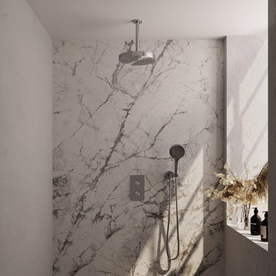 BRAUER Stripe Thermostatische Inbouw Regendouche - 3-weg - rechthoekig - 25cm douchekop - plafondarm - 3-standen handdouche - doucheslang - wandaansluitbocht - RVS-kleurig geborsteld PVD