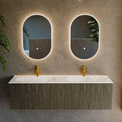Mondiaz KURVE-DLUX Badkamermeubelset - 150x46x40cm - 2 lade - wastafel solid surface - dubbel - 2 kraangaten - Shadow