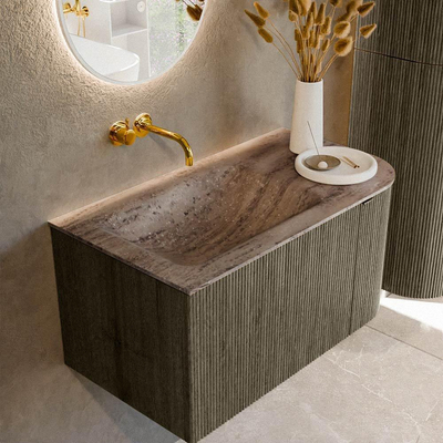 MONDIAZ KURVE-DLUX Meuble de salle de bains 85cm arrondi à droite couleur Shadow avec 1 tiroir et 1 porte. Lavabo CLOUD à gauche sans trou de robinet Oza.