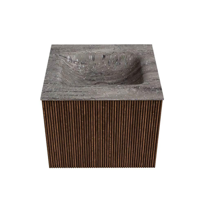 MONDIAZ KURVE-DLUX 50cm badmeubel kleur Walnut met 1 lade en 0 deuren. Wastafel GRUNNE Midden zonder kraangat Oza.