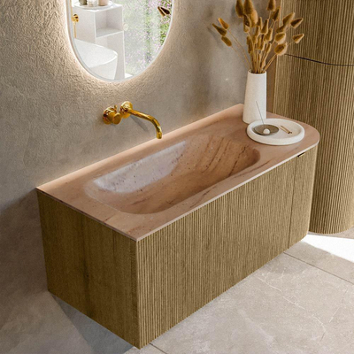 MONDIAZ KURVE-DLUX Meuble de salle de bains 105cm arrondi à droite couleur Dusk avec 1 tiroir et 1 porte. Lavabo BIG SMALL à gauche sans trou de robinet Saba.