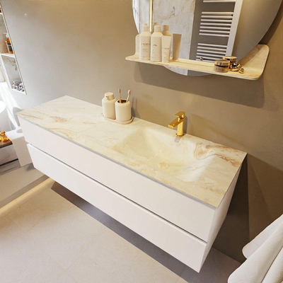 Mondiaz VICA-DLUX ensemble de meuble de salle de bain - 150cm - meuble sous-vasque talc - 2 tiroirs - lavabo encastré cloud droite - 1 trou de robinet - version haute de 60cm - frape