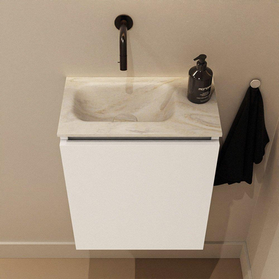 MONDIAZ TURE-DLUX Meuble de toilettes 40 cm Talc. Lavabo EDEN Ostra position gauche. Sans trou de robinet.