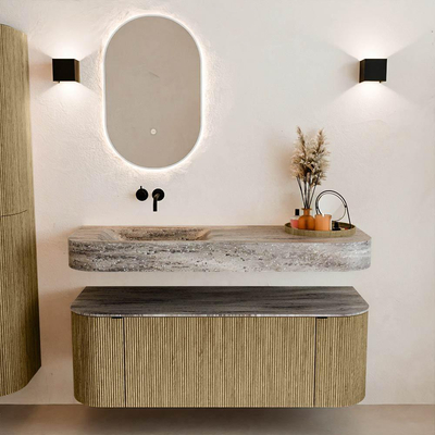 MONDIAZ THOR-DLUX Meuble de salle de bains 130cm arrondi gauche + droite couleur Dusk avec 1 tiroir et 2 portes. Vasque suspendue CLOUD Gauche sans trou de robinet couleur Oza.