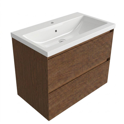 Saniclass Holz Atelier Ensemble de meuble de salle de bains - 80x45x63.5cm - lavabo en céramique Bari blanc - 1 vasque - 1 trou de robinet - 2 tiroirs - walnut pure mat (bois)