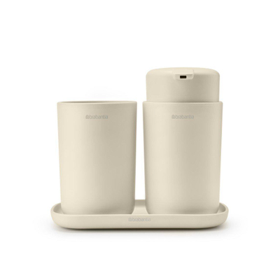 Brabantia ReNew Accessoires de salle de bains - set de 3 - Distributeur de savon - Porte-brosse à dents - Coupelle - beige doux