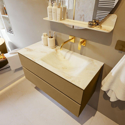 Mondiaz VICA-DLUX ensemble de meuble de salle de bain - 100cm - meuble sous-vasque oro - 2 tiroirs - lavabo encastré cloud droite - sans trous de robinet - version haute de 60cm - frape