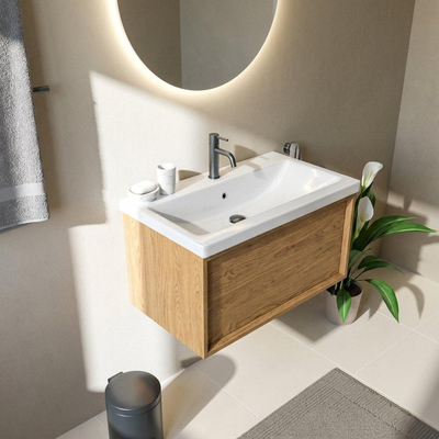 Saniclass Holz Frame Ensemble meuble de salle de bains - 80x45x43.5cm - Bari lavabo en céramique blanc - 1 vasque - 1 trou de robinetterie - 1 tiroir - chêne natural mat (bois)