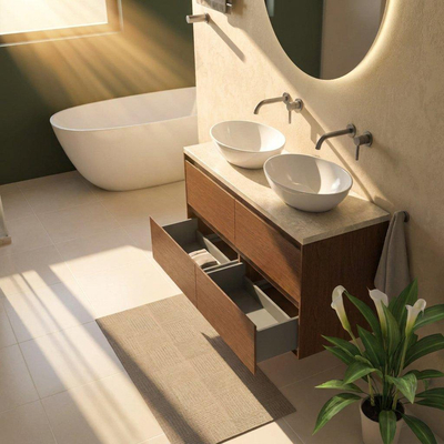 Saniclass Holz Pure Ensemble de meubles de salle de bains - 120x45x63cm - Plan de travail en pierre naturelle travertin - sans trou de robinet - 4 tiroirs - walnut pure mat (bois)