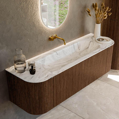 MONDIAZ KURVE-DLUX 150cm badmeubel met module 25 Len R kleur Walnut met 1 lade en 2 deuren. Wastafel BIG MEDIUM midden zonder kraangat kleur Glace.