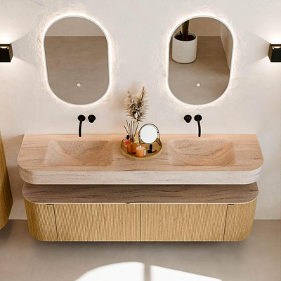 MONDIAZ THOR-DLUX 180cm badmeubel ronding links + rechts kleur Oak met 2 lades en 2 deuren. Vrijhangende wastafel CLOUD Dubbel zonder kraangat kleur Saba.