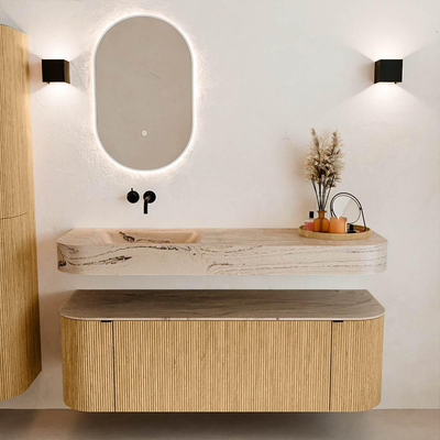 MONDIAZ THOR-DLUX 140cm badmeubel ronding links + rechts kleur Oak met 1 lade en 2 deuren. Vrijhangende wastafel CLOUD Links zonder kraangat kleur Arena.