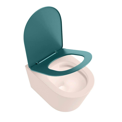 Mondiaz LAVIE hangtoilet – spoelrandloos – 36 x 53 cm – met softclose zitting – Rosee (roze), zitting Smag (groen)