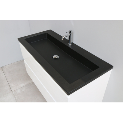Basic Bella Meuble salle de bains 100x55x46cm avec lavabo acrylique Noir 1 trou pour robinet avec miroir Blanc brillant