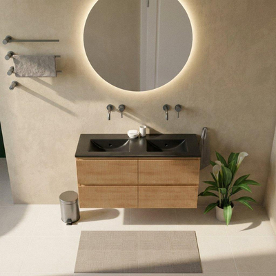 Saniclass Holz Atelier Ensemble meuble de salle de bains - 120x45x62cm - Vygo lavabo en céramique noir - 2 vasques - sans trous de robinet - 2 tiroirs - chêne naturel mat (bois)