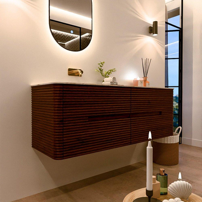 Mondiaz CIRO-DLUX Ensemble meuble de salle de bains - 140x45x50cm - vasque Solid surface Frappe - 1 lavabo à gauche - sans trous de robinet - 4 tiroirs - Ruby