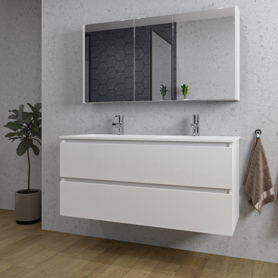 Saniclass Chaci Meuble de salle de bain - 120x46x55cm - lavabo en céramique blanc - 2 vasques - 2 trous de robinet - 2 tiroirs - armoire miroir - blanc mat