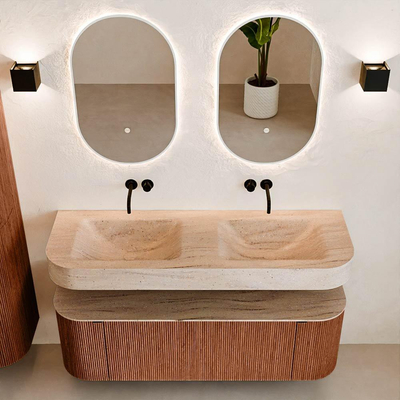 MONDIAZ THOR-DLUX 140cm meuble de salle de bains arrondi gauche + droite couleur Ruby avec 1 tiroir et 2 portes. Vasque suspendue CLOUD Double sans trou de robinet couleur Saba.