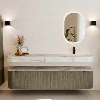 MONDIAZ THOR-DLUX 190cm meuble de salle de bains arrondi gauche + droite couleur Shadow avec 2 tiroirs et 2 portes. Vasque suspendue CLOUD Droite 1 trou de robinet couleur Frappe.