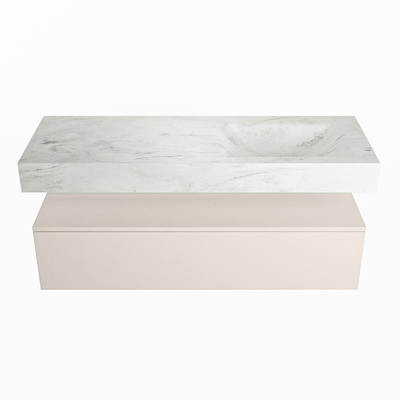 Mondiaz ALAN-DLUX Ensemble de meuble - 130cm - meuble Linen mat - 1 tiroir - Lavabo Cloud Opalo suspendu - vasque Droite - 0 trous de robinet