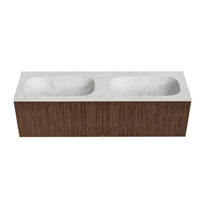 MONDIAZ KURVE-DLUX 150cm Meuble salle de bain - couleur Walnut - 2 tiroirs - vasque STOR SMALL double - 2 trous de robinet - couleur Opalo